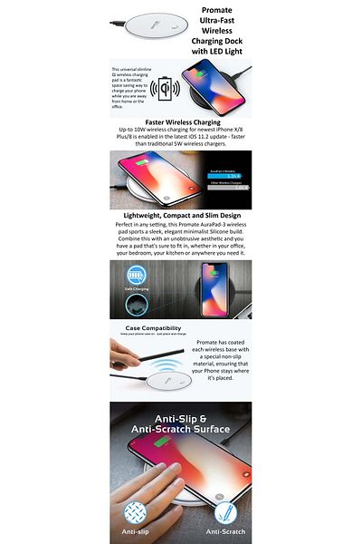 Promate Ultra-Slim Qi Certified Fast Wireless Charging Pad with LED Light, AuraPad-3 White