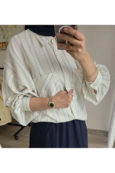 Butik Reyon Oversize Mavi Çizgili Geniş Kol Gömlek