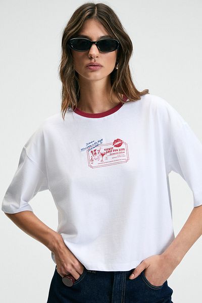 GRIMELANGE Armelia Women's Crew Neck Off Shoulder Front Print and Embroidery Detailed Relaxed White T-Shirt