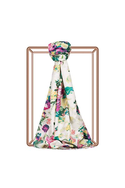 ipekevi Floral Silk Shawl - Rose Garden Patterned 100% Pure Silk Shawl 2394 Ecru Green