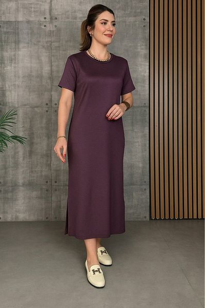 Modayakamoz New Season Women's Short Sleeve Crew Neck Slit Viscose Two Thread Basic Dress