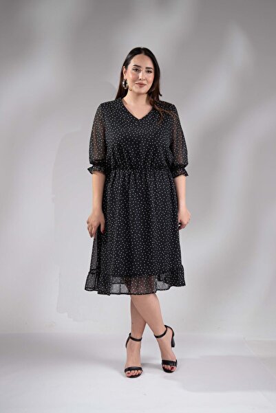 Roxxlen 1112047 Φόρεμα σιφόν πουά μαύρο