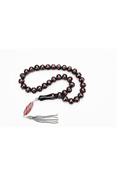 BlackCraft Oltu Sıkması Basık Model Alpaka Karpuz Mercan İşlemeli Tespih