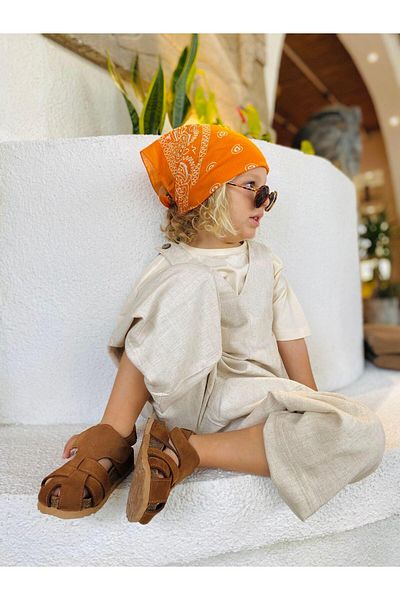 Cigit V Neck Elastic Leg Linen Salopet 2-7 Years Natural