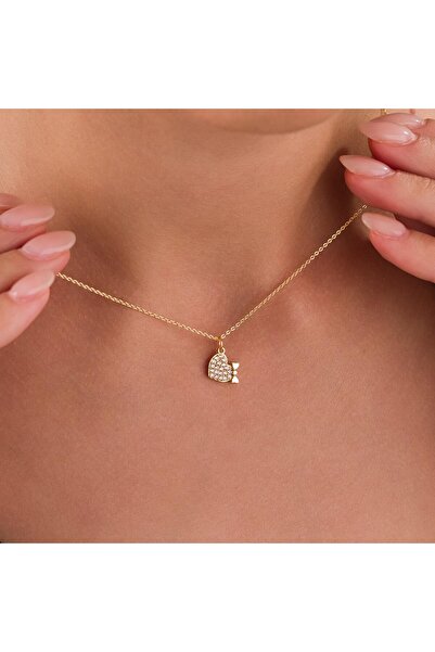 HOBİSY GIFT SHOP Altın Kaplama Kalp ve Fiyonk Detaylı Zirkon Taşlı Kolye – Iş...