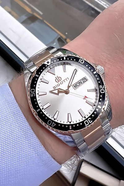 Bigotti Special Boxed 5 Atm Waterproof Men Wristwatch Rose Silver Steel Band + Gift Bracelet Bme2024C3