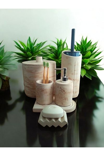 Trust Stone Σετ μπάνιου Marble Series Coffee Beige Concrete, Κάδος απορριμμάτων, Σετ βούρτσας τουαλέτας