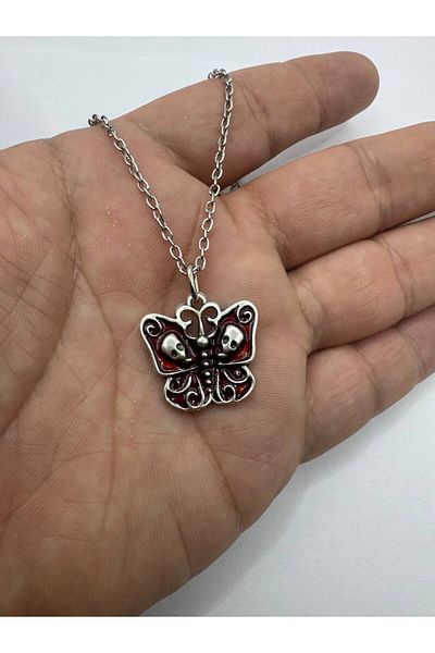 Herşey Nota Unisex Necklace with Deathly Butterfly Figure |   Red Chain |   Gothic Design