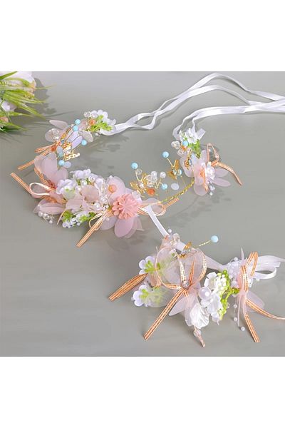 GlassySKY Elegant and Stylish Flower Beaded Hair Accessory and Bracelet Set Birthday/Wedding/Henna/Party/Graduation Crown