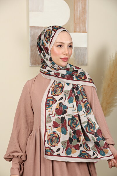 aldyoo Rose Gül Desenli Pamuk Viskon Trend Şal Taş Bordo
