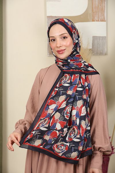 aldyoo Rose Rose Patterned Cotton Viscose Trend Shawl Navy Blue Red