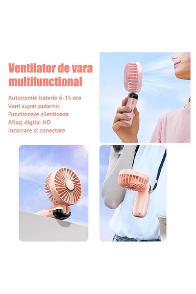 OEM Portable Fan, Handheld Desk Fan, 5 Speeds, 3 in 1, Silent, LCD Display, PINK