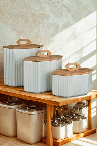 Woodcept Set of 3 Porcelain Prism Model Wooden Vacuum Lid Tea, Sugar, Salt, Coffee, Pulses Storage Jars