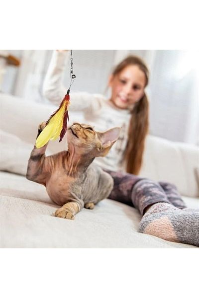 ForWhat Elastic Plush Cat Play Fishing Rod with Feather Bell Adjustable Length for Office Home Pet