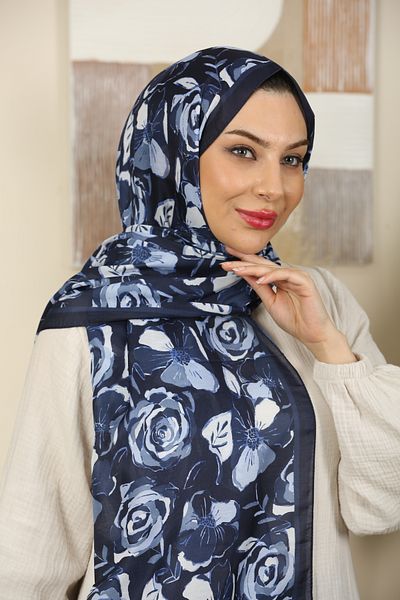 aldyoo Rose Rose Patterned Cotton Viscose Trend Shawl Navy Blue
