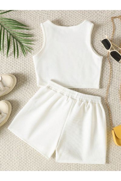 HEREN BUTİK Ribbed Double Set – Crop Top & Shorts |   Children and Teenage Girls Summer Combination |   Ribbed Crop and Shorts Set