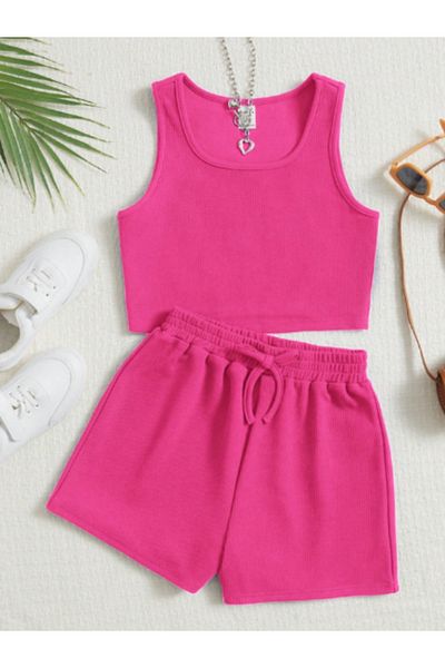 HEREN BUTİK Ribbed Double Set – Crop Top & Shorts |   Children and Teenage Girls Summer Combination |   Ribbed Crop and Shorts Set