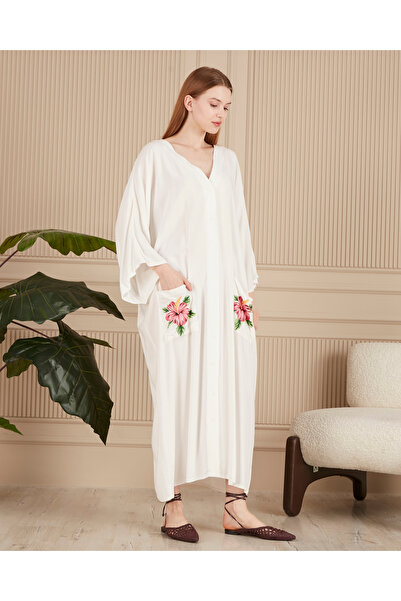 EL jadida Γυναικείο Μακρύ Φόρεμα Βισκόζης με εμπριμέ κουμπιά σε μεγάλο μέγεθος Λευκό