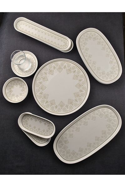 Qualitev 29 Piece Porcelain Breakfast Set for 6 People White Cream -Lotus