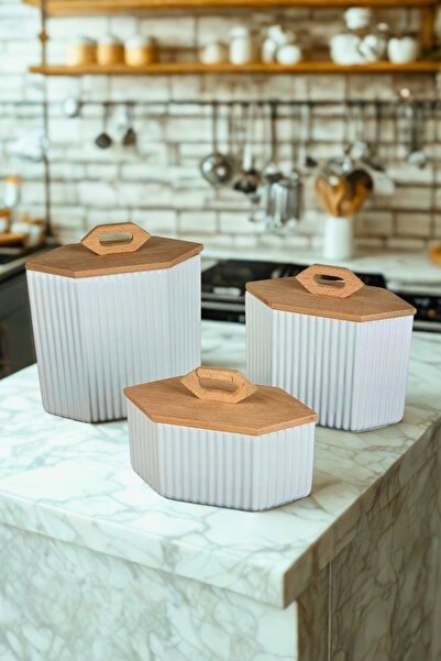 Woodcept Set of 3 Porcelain Prism Model Wooden Vacuum Lid Tea, Sugar, Salt, Coffee, Pulses Storage Jars