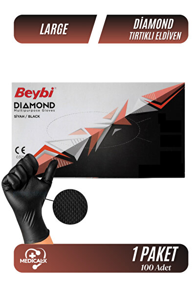 Medicalx Diamond Tırtıklı Ekstra Kalın Siyah Nitril Eldiven 100 lü Paket - Large