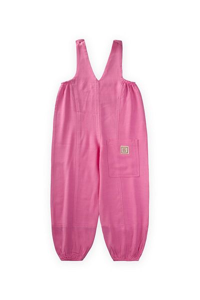 Cigit V Neck Elastic Leg Linen Salopet 2-7 Years Pink