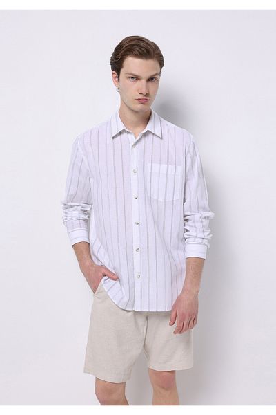 Colin's Regular Fit Shirt Neck Striped Men's Linen Blend White Long Sleeve Shirt