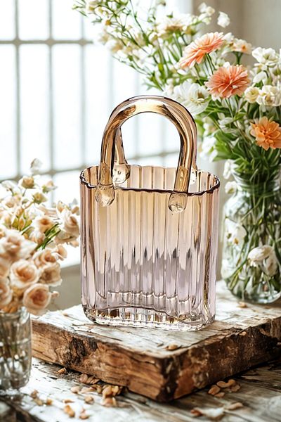 Woodcept Amber Decorative Bag Shaped Stylish Designed Glass Vase, Elegant Design Luxury Bag Glass Vase
