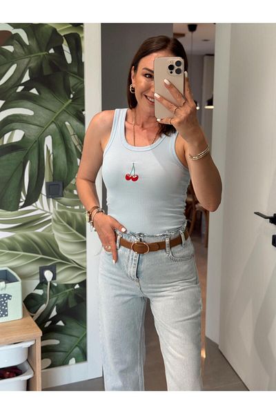 X-Young Cherry Embroidered Ribbed Undershirt Light Blue