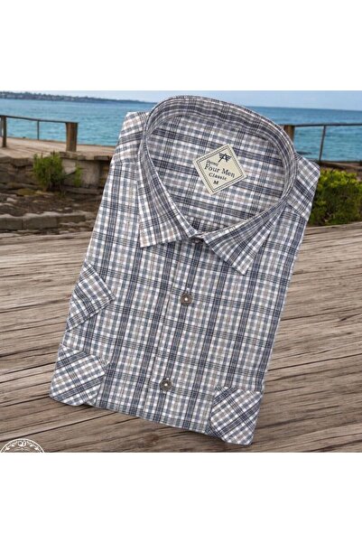 EREN STYLE Cămașă clasică din in, cu mânecă scurtă, cu două buzunare, albă (f...