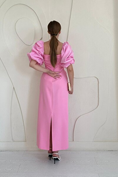 Elbee Fashion Woman Rochie cu mâneci roz cu secțiuni cu detalii de broderie