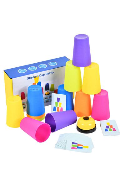 LUDIRO Joc de Societate Speed Cups, Interactiv Educativ Montessori, 12 Cupe, Clopotel, Carti de Joc
