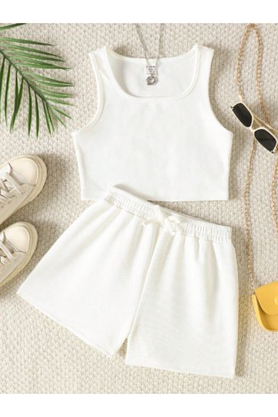 HEREN BUTİK Ribbed Double Set – Crop Top & Shorts |   Children and Teenage Girls Summer Combination |   Ribbed Crop and Shorts Set