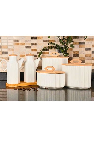 Woodcept Set of 3 Porcelain Prism Tea Coffee Sugar Pulses Storage Jars with Bamboo Stand Set of 2 Prism Oil Jars
