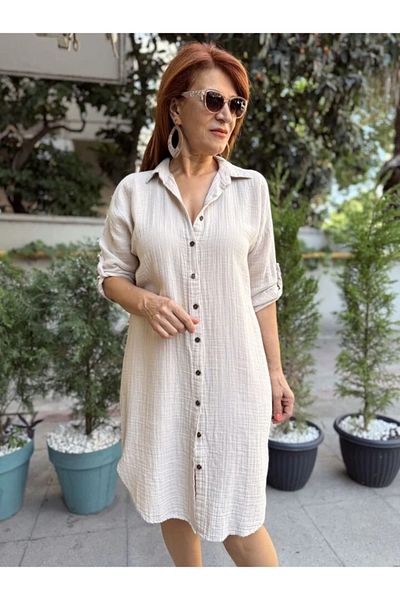 DenizEge Muslin Shirt Dress Beige