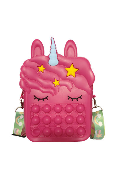 LUDIRO Τσάντα ώμου σιλικόνης Pop IT NOW, με φερμουάρ και λουράκι, τετράγωνη μονόκερος XXL, φούξια