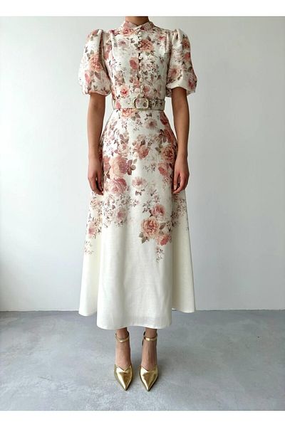 Julidress Μίντι Μήκος Premium Design Λινό Φόρεμα με Κοντό Γιακά με Κουμπιά και ΖΩΝΗ
