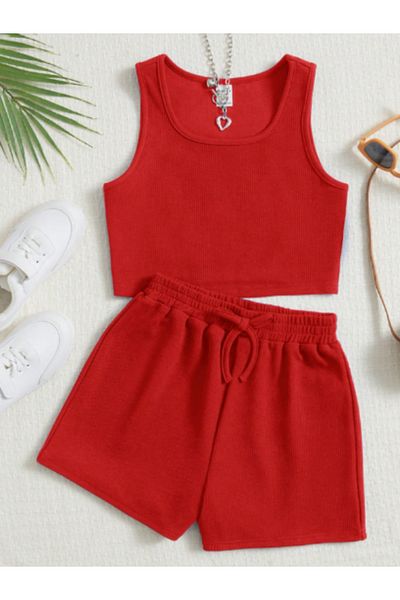 HEREN BUTİK Ribbed Double Suit with Color Options – Ribbed Crop Top & Shorts |   Children and Teenage Girls Summer Combination