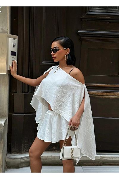 World Fashion Trends 8017 Shoulder Detailed Linen Look Suit Shorts+Blouse