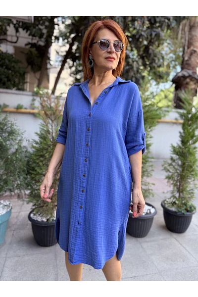 DenizEge Πουκάμισο Μουσελίνα Φόρεμα Indigo Blue