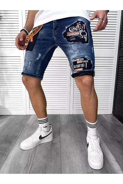 dehaine Men's slim fit jeans with patches, 4608, navy blue