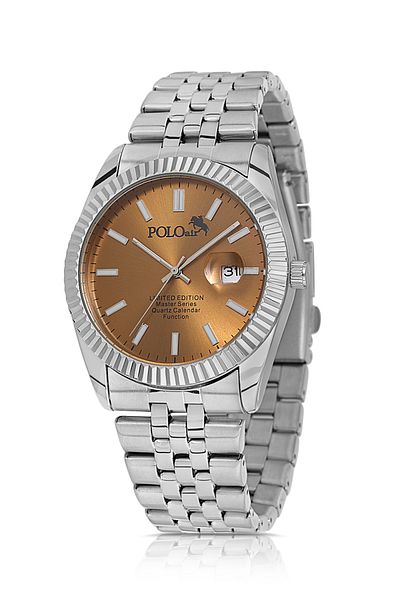 Polo Air Metal Case with Lens Calendar Men's Wrist Watch Silver Coffee Color Pl-0988E4X