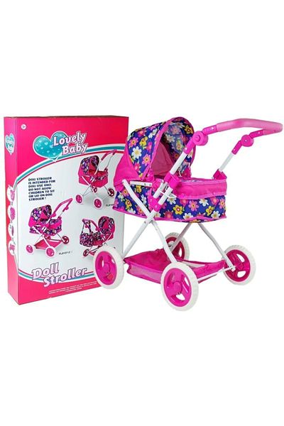 LUDIRO Carucior Landou pentru Papusi, Pliabil, Cu Maner Reglabil, Model Floral, Inaltime 65 Cm, Multicolor