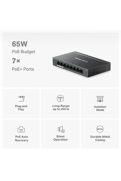 Mercusys Desktop switch 8 Gigabit ports, MS108GP, 7 POE ports (1-7), POE budget: 65 W, Stan