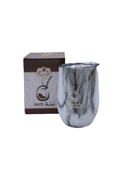 shuyukh coffee كوب يربا ماتي من الفولاذ المقاوم للصدأ بخطوط بيضاء وغطاء - 350 مل