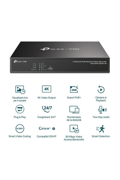 TP-LINK NVR PoE VIGI 4 canale 1004H4P; 53W, 8 MP,1 SATA Interface, max 10TB, H.265+; ONVIF