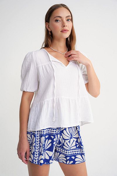 Mixray 4715 Women's Collar Tie Short Sleeve Muslin Blouse White