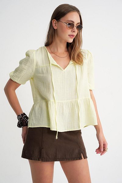 Mixray 4715 Women's Tie Collar Short Sleeve Muslin Blouse Yellow