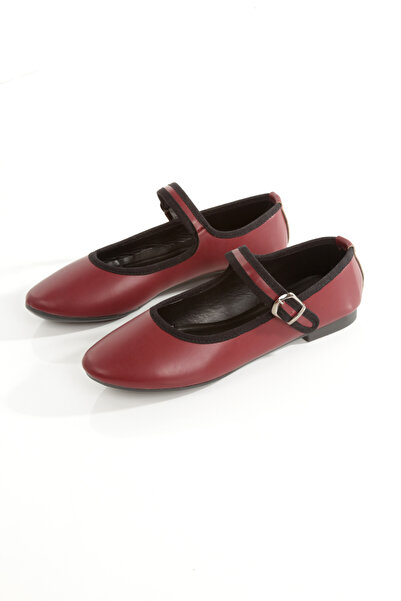 PAYZİN '' ECE '' حذاء باليه مسطح من الجلد باللون العنابي بإبزيم دائري سميك وك...