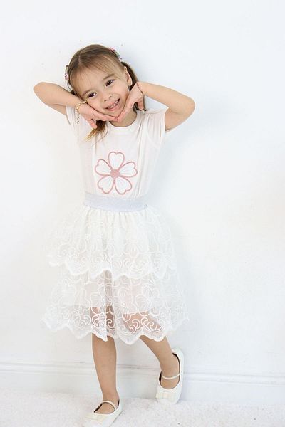 Çocuksan Baby&Kids Wear Girls' Special Occasion Set White Lace Layered Skirt and Floral Top Party Set